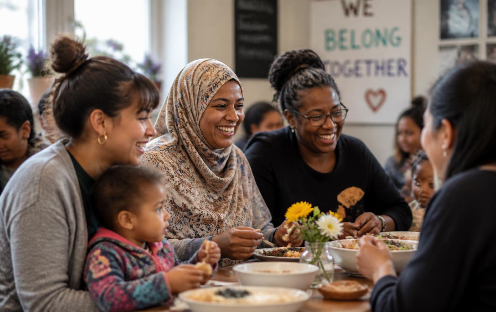 Mothers and children sharing a meal together at a community center
